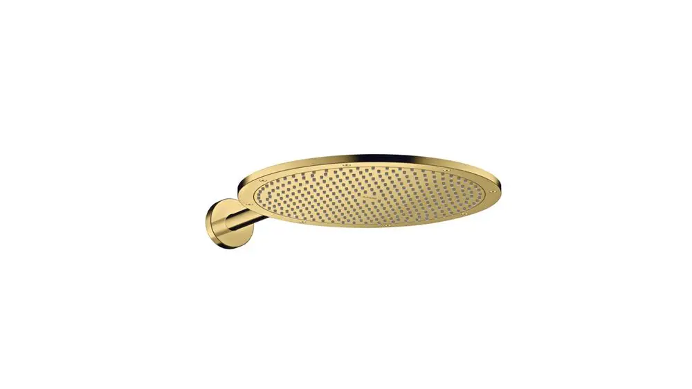 Kopfbrause in polierter Gold-Optik, montiert an einem Wandarm, zeigt ein perforiertes Design. Produkt von AXOR, geeignet für moderne Badezimmergestaltung.